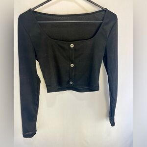 Long Sleeved Black, Three Button Crop Top, Medium